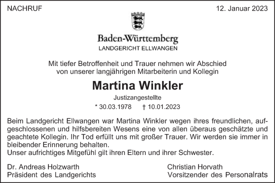 Traueranzeige von Martina Winkler von Schwäbische Post