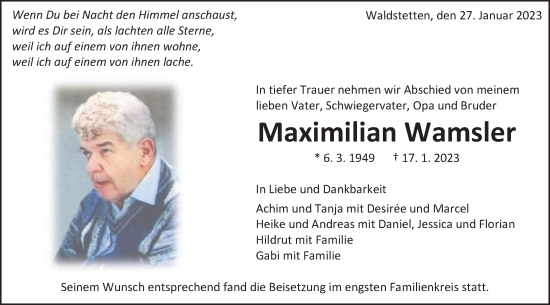 Traueranzeige von Maximilian Wamsler von Gmünder Tagespost