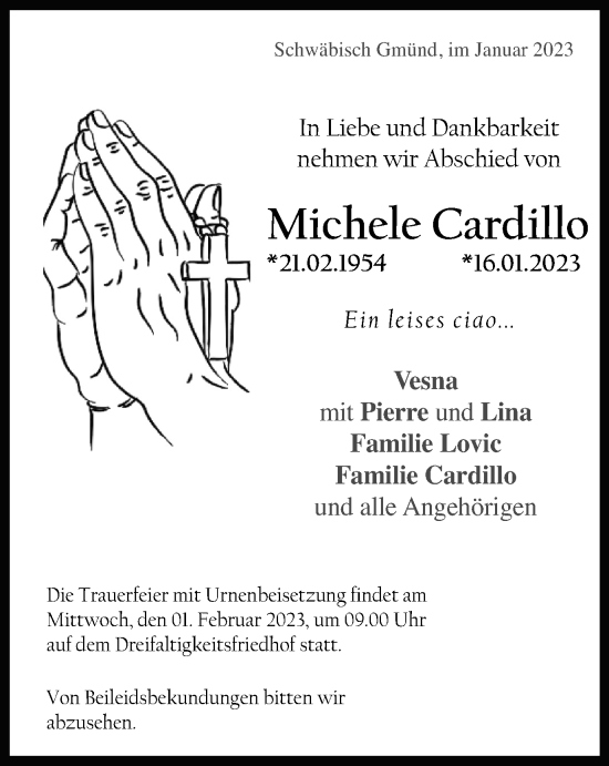 Traueranzeige von Michele Cardillo von Gmünder Tagespost