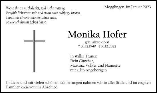 Traueranzeige von Monika Hofer von Gmünder Tagespost