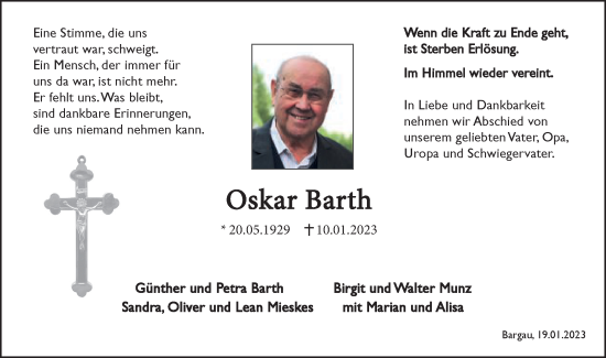 Traueranzeige von Oskar Barth von Gmünder Tagespost