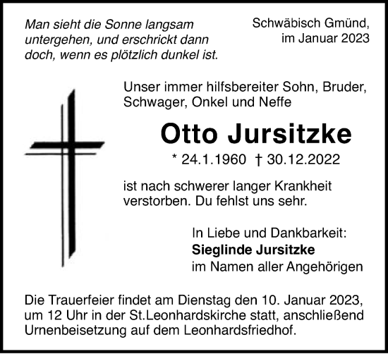 Traueranzeige von Otto Jursitzke von Gmünder Tagespost