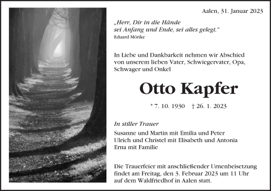 Traueranzeige von Otto Kapfer von Schwäbische Post
