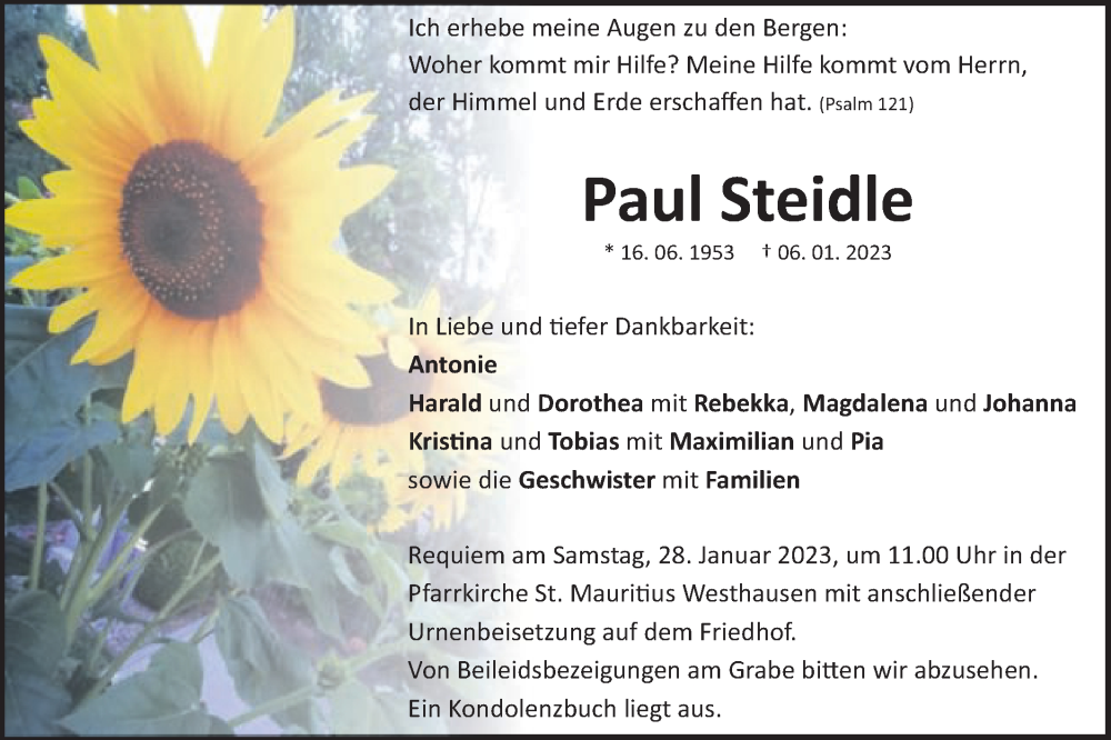  Traueranzeige für Paul Steidle vom 14.01.2023 aus Schwäbische Post