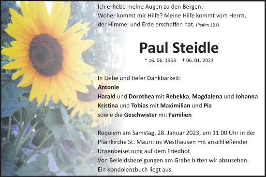 Traueranzeige von Paul Steidle von Schwäbische Post