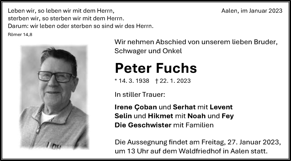  Traueranzeige für Peter Fuchs vom 24.01.2023 aus Schwäbische Post