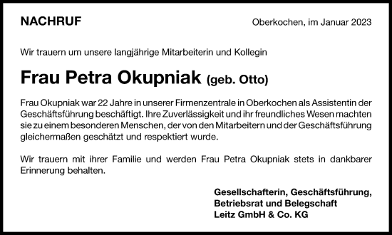 Traueranzeige von Petra Okupniak von Schwäbische Post