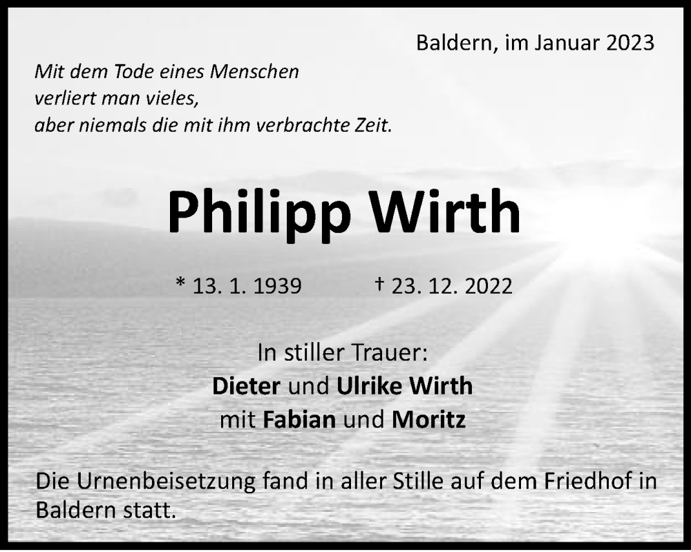  Traueranzeige für Philipp Wirth vom 04.01.2023 aus Schwäbische Post