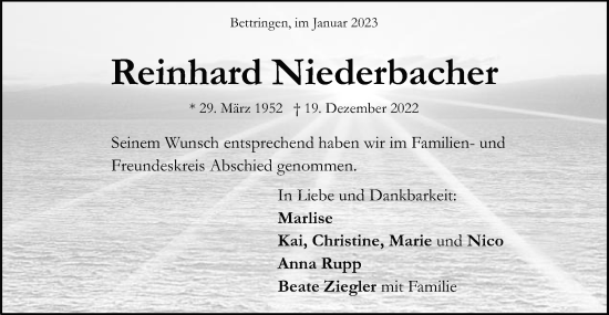 Traueranzeige von Reinhard Niederbacher von Gmünder Tagespost