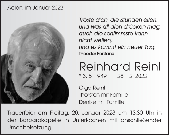 Traueranzeige von Reinhard Reinl von Schwäbische Post