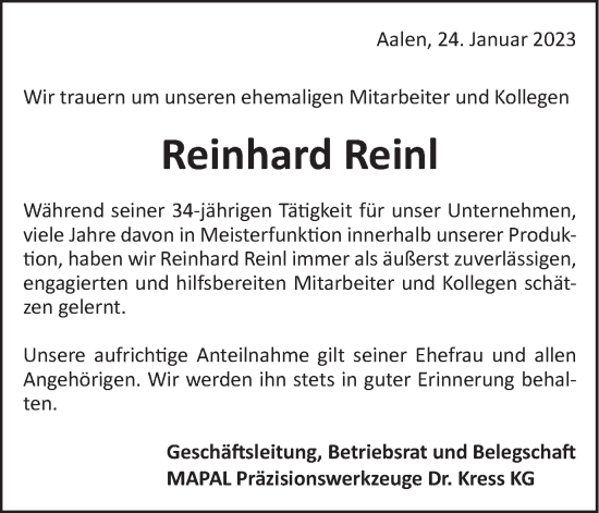 Traueranzeige von Reinhard Reinl von Schwäbische Post