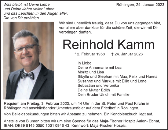 Traueranzeige von Reinhold Kamm