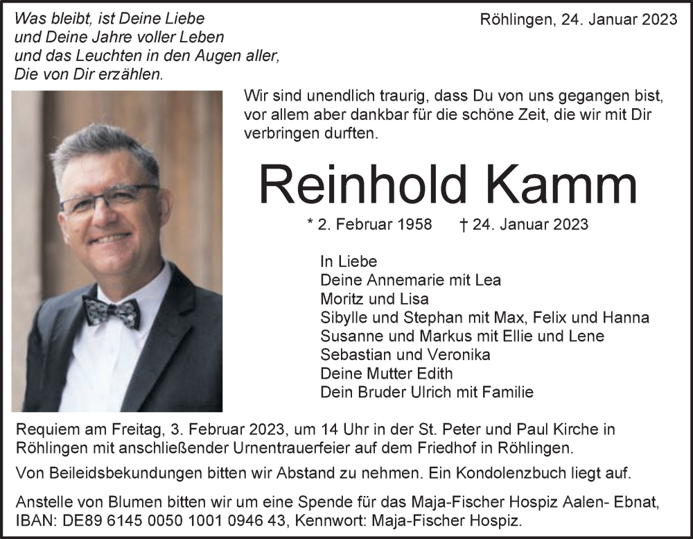  Traueranzeige für Reinhold Kamm vom 31.01.2023 aus Schwäbische Post