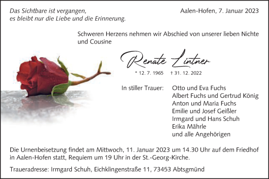 Traueranzeige von Renate Lintner von Schwäbische Post