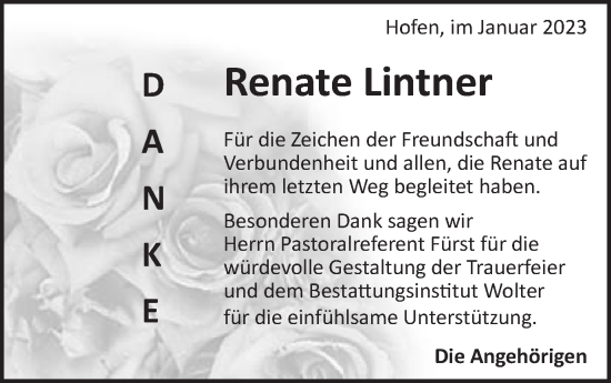 Traueranzeige von Renate Lintner von Schwäbische Post