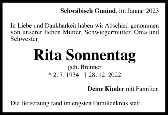 Traueranzeige von Rita Sonnentag von Gmünder Tagespost