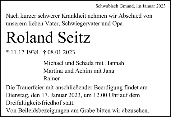 Traueranzeige von Roland Seitz von Gmünder Tagespost