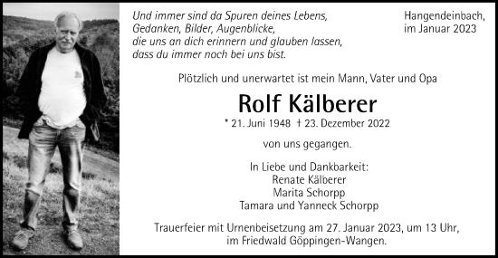 Traueranzeige von Rolf Kälberer von Gmünder Tagespost