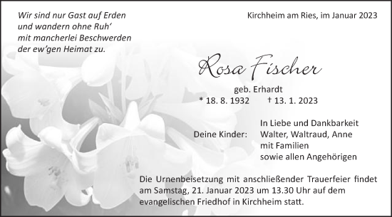 Traueranzeige von Rosa Fischer von Schwäbische Post