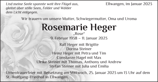 Traueranzeige von Rosemarie Heger von Schwäbische Post