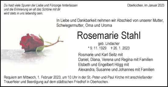 Traueranzeige von Rosemarie Stahl von Schwäbische Post