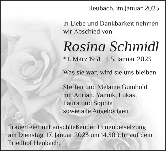 Traueranzeige von Rosina Schmidl von Gmünder Tagespost