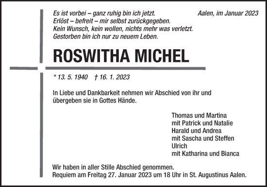 Traueranzeige von Roswitha Michel von Schwäbische Post