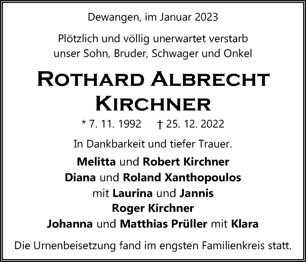  Traueranzeige für Rothard Albrecht Kirchner vom 05.01.2023 aus Schwäbische Post