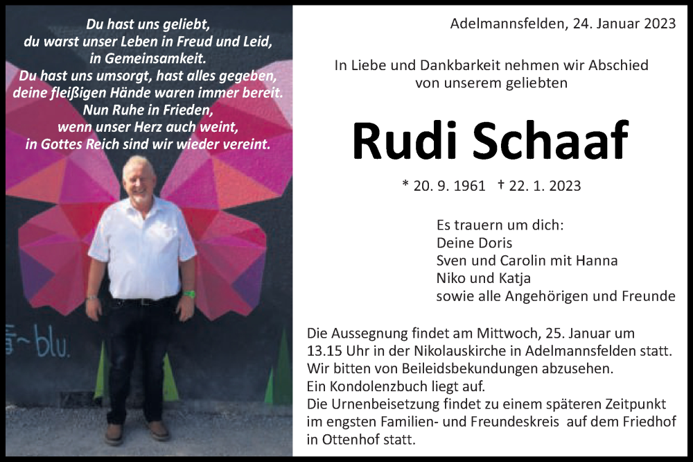  Traueranzeige für Rudi Schaaf vom 24.01.2023 aus Schwäbische Post