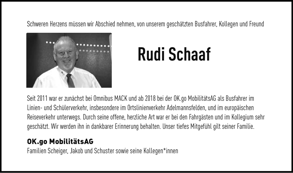  Traueranzeige für Rudi Schaaf vom 24.01.2023 aus Schwäbische Post