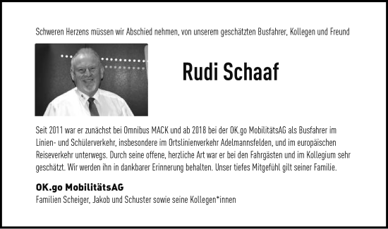 Traueranzeige von Rudi Schaaf von Schwäbische Post