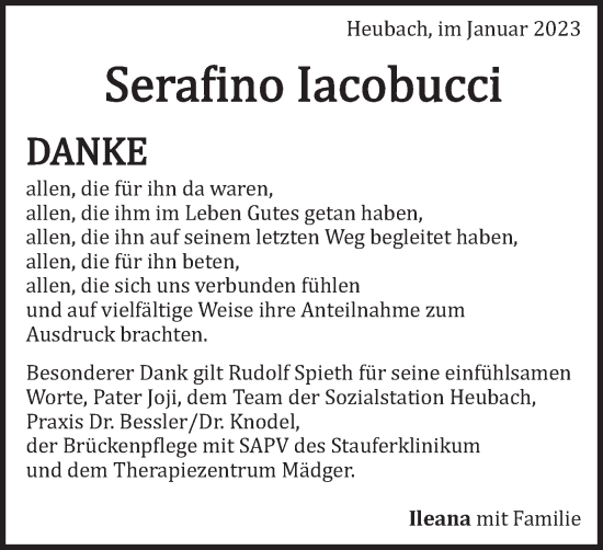 Traueranzeige von Serafino Iacobucci von Gmünder Tagespost