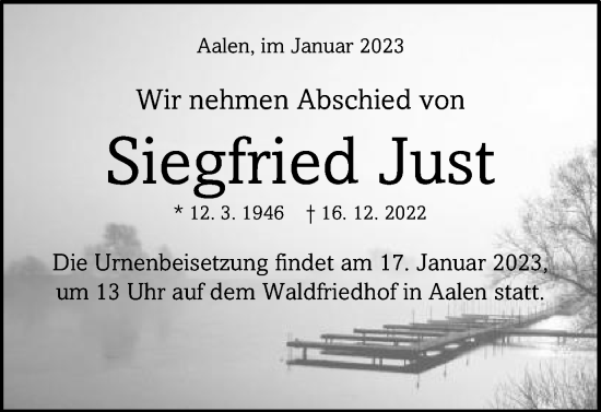 Traueranzeige von Siegfried Just von Schwäbische Post