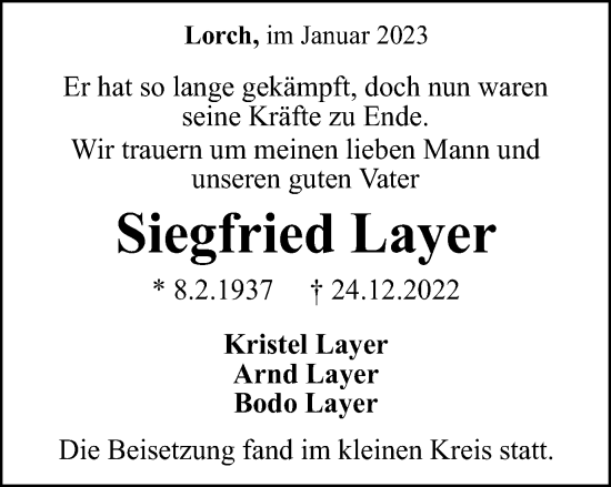 Traueranzeige von Siegfried Layer von Gmünder Tagespost