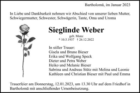 Traueranzeige von Sieglinde Weber von Gmünder Tagespost