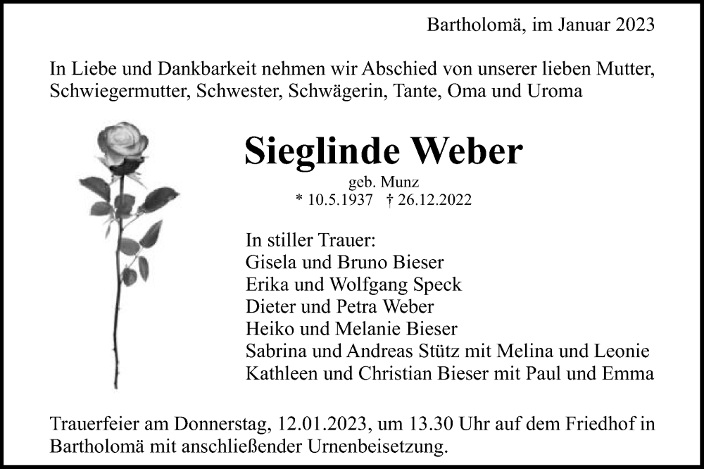  Traueranzeige für Sieglinde Weber vom 03.01.2023 aus Gmünder Tagespost