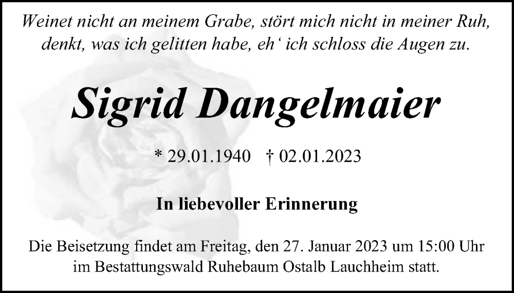  Traueranzeige für Sigrid Dangelmaier vom 19.01.2023 aus Gmünder Tagespost