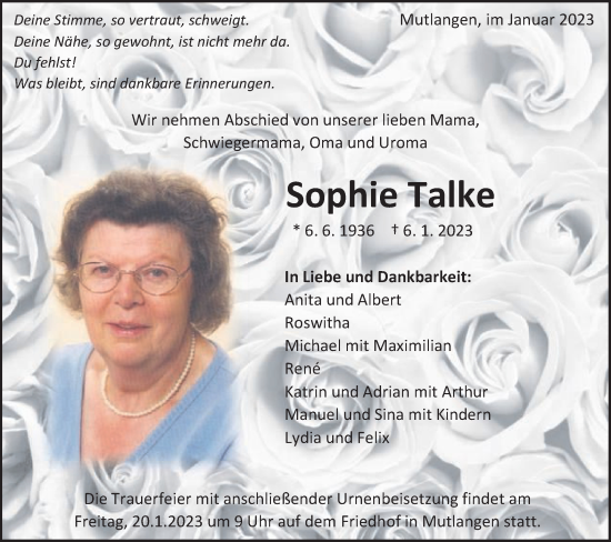 Traueranzeige von Sophie Talke von Gmünder Tagespost