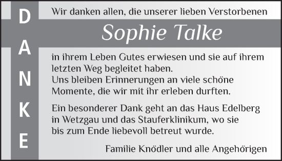 Traueranzeige von Sophie Talke von Gmünder Tagespost