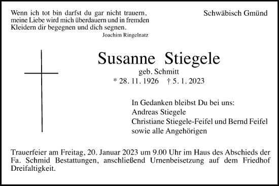 Traueranzeige von Susanne Stiegele