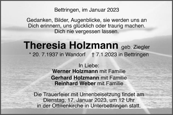 Traueranzeige von Theresia Holzmann von Gmünder Tagespost