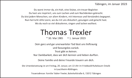 Traueranzeige von Thomas Trexler von Schwäbische Post