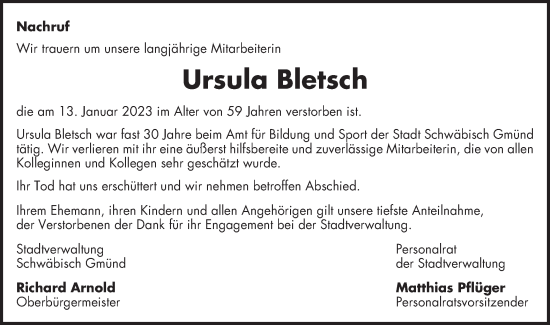 Traueranzeige von Ursula Bletsch von Gmünder Tagespost