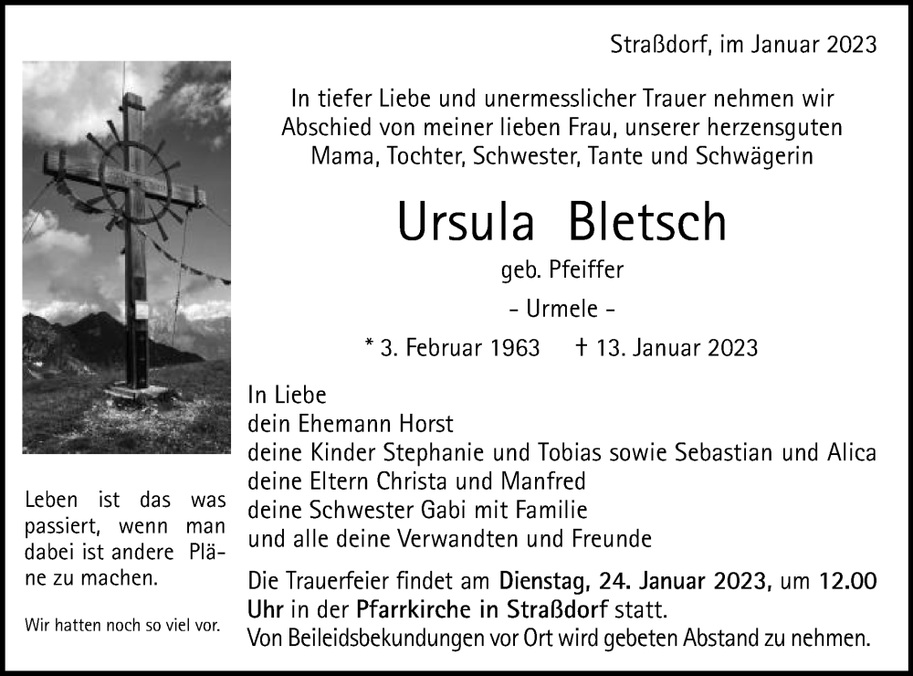  Traueranzeige für Ursula Bletsch vom 19.01.2023 aus Gmünder Tagespost