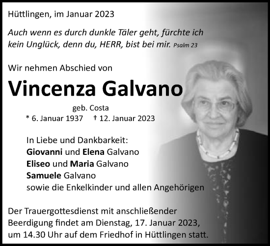 Traueranzeige von Vincenza Galvano von Schwäbische Post