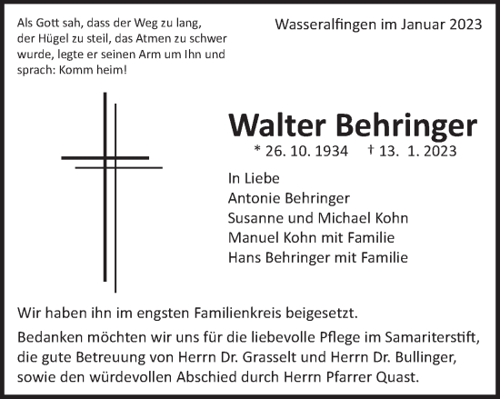 Traueranzeige von Walter Behringer von Schwäbische Post