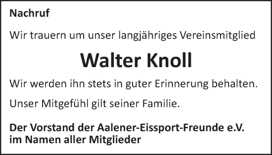 Traueranzeige von Walter Knoll von Schwäbische Post