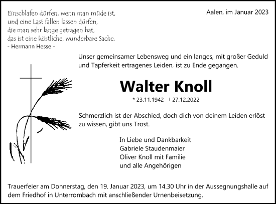 Traueranzeige von Walter Knoll von Schwäbische Post