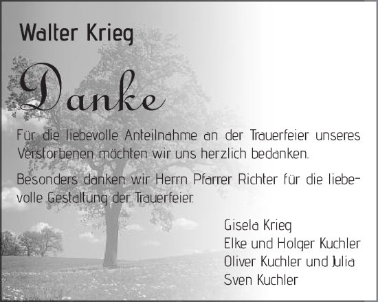 Traueranzeige von Walter Krieg von Schwäbische Post