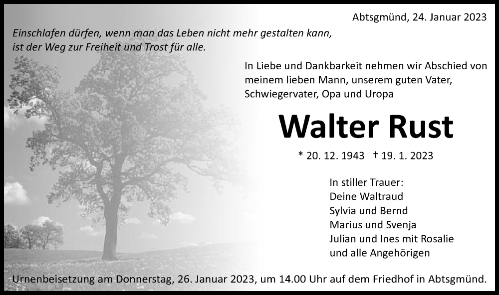 Traueranzeige für Walter Rust vom 24.01.2023 aus Schwäbische Post
